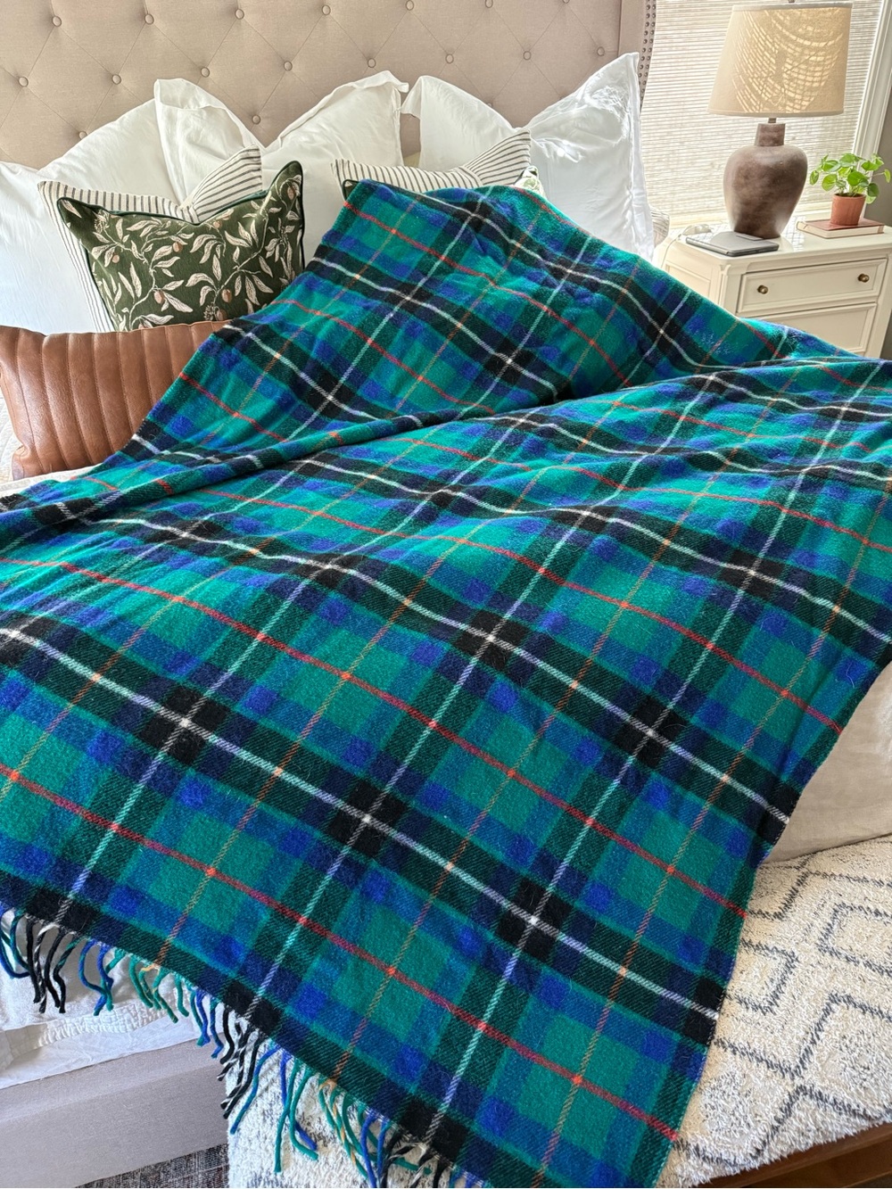 Vintage Pendleton 100% Virgin Wool Plaid Blanket Green Blue Made in USA